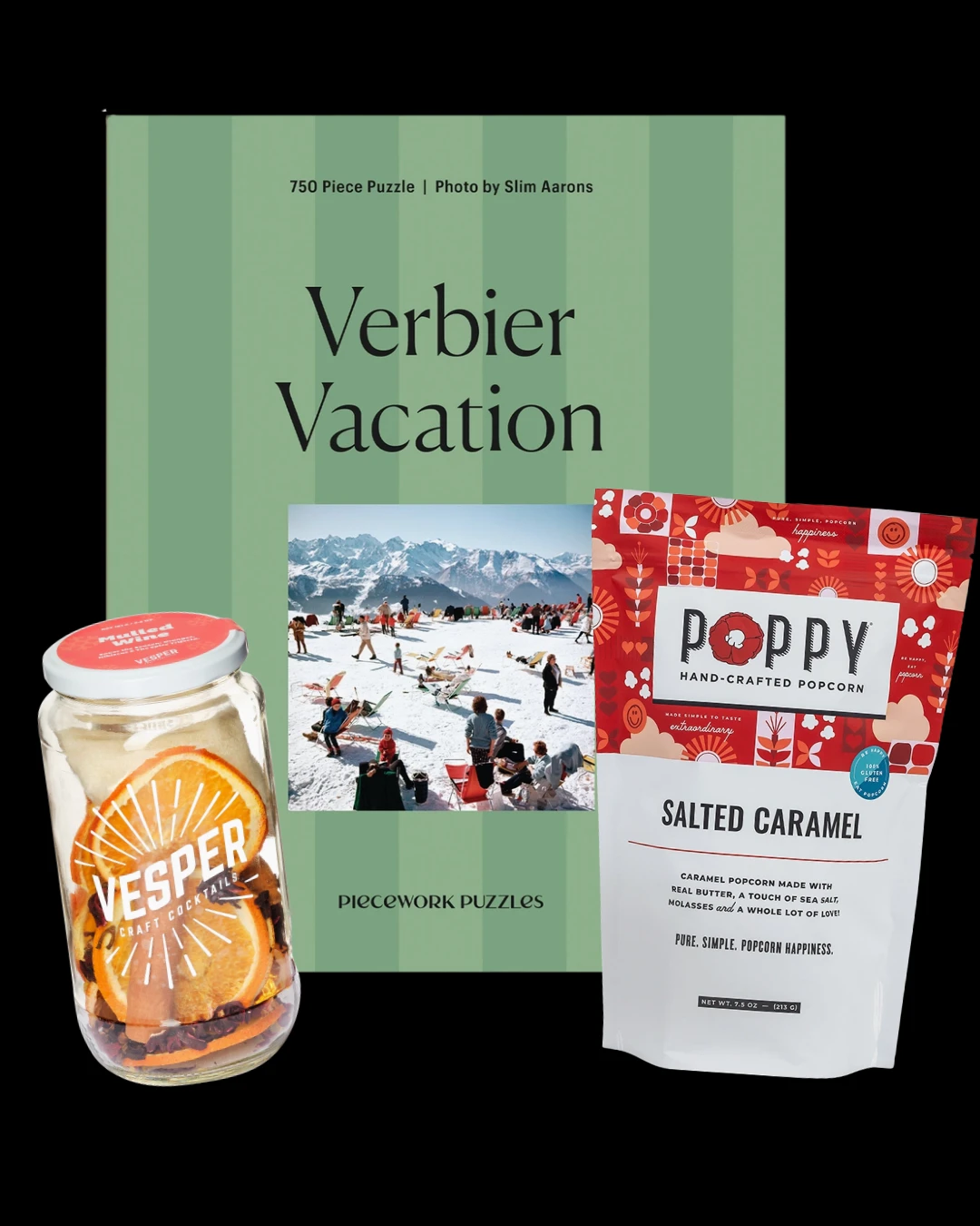 A Piecework Verbier Vacation puzzle box with a Vesper mulled wine mixer jar and a bag of Poppy salted caramel popcorn