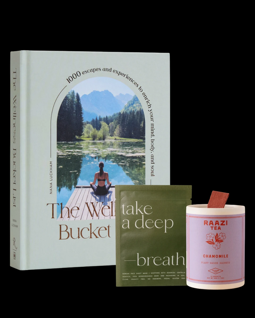 The Wellness Bucket List book with a Take a Deep Breath sheet mask and a canister of Raazi chamomile tea